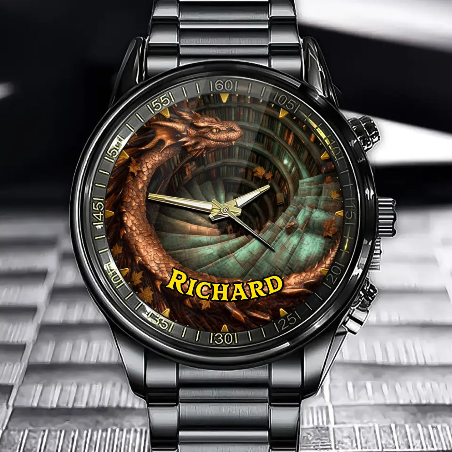 Personalized Spiral Watcher Dragon Design Watch - Custom Name Fantasy Timepiece