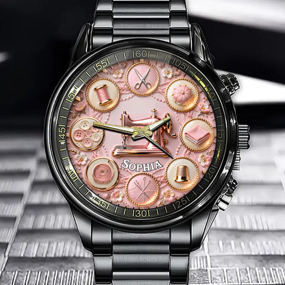 Personalized Sewing Enthusiast Watch - Custom Pastel Color Craft Tool Design