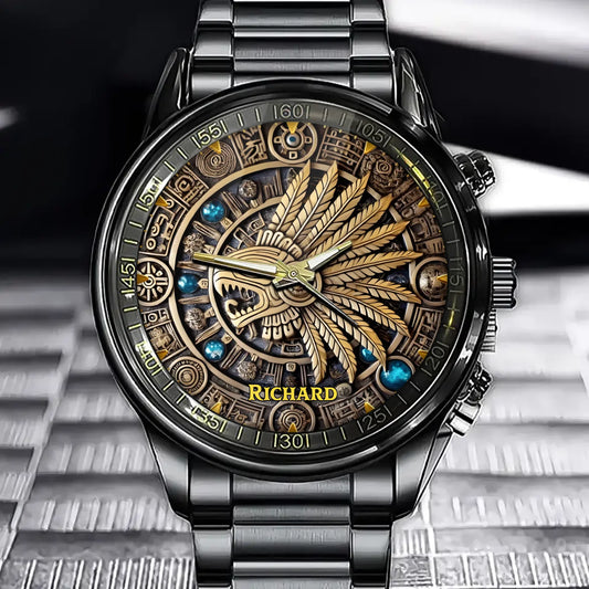 Personalized Aztec Sun Totem Watch – Custom Name Vintage Bronze